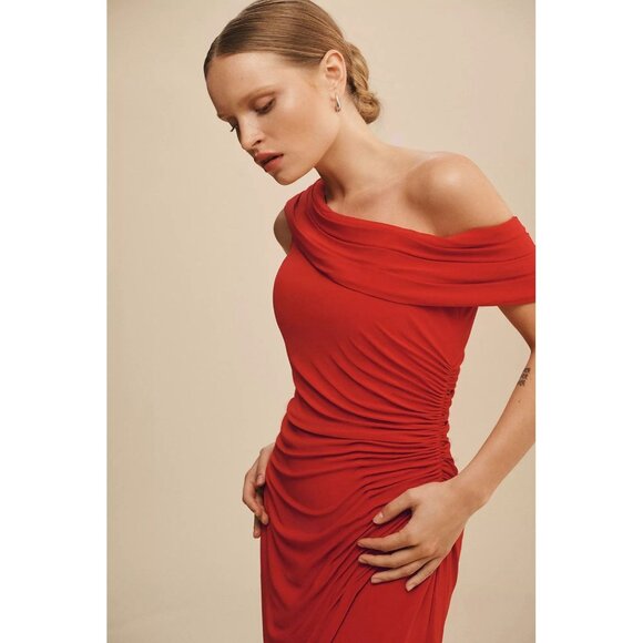 Mac Duggal Size 12 Red 26484 Ruched One-Shoulder Jersey Midi Cocktail Dress - Picture 5 of 13